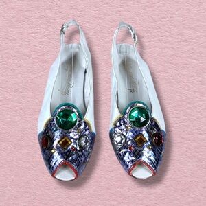 Vintage 80s Willy Van Rooy Bejeweled Leather Slingback Open Toe Flats